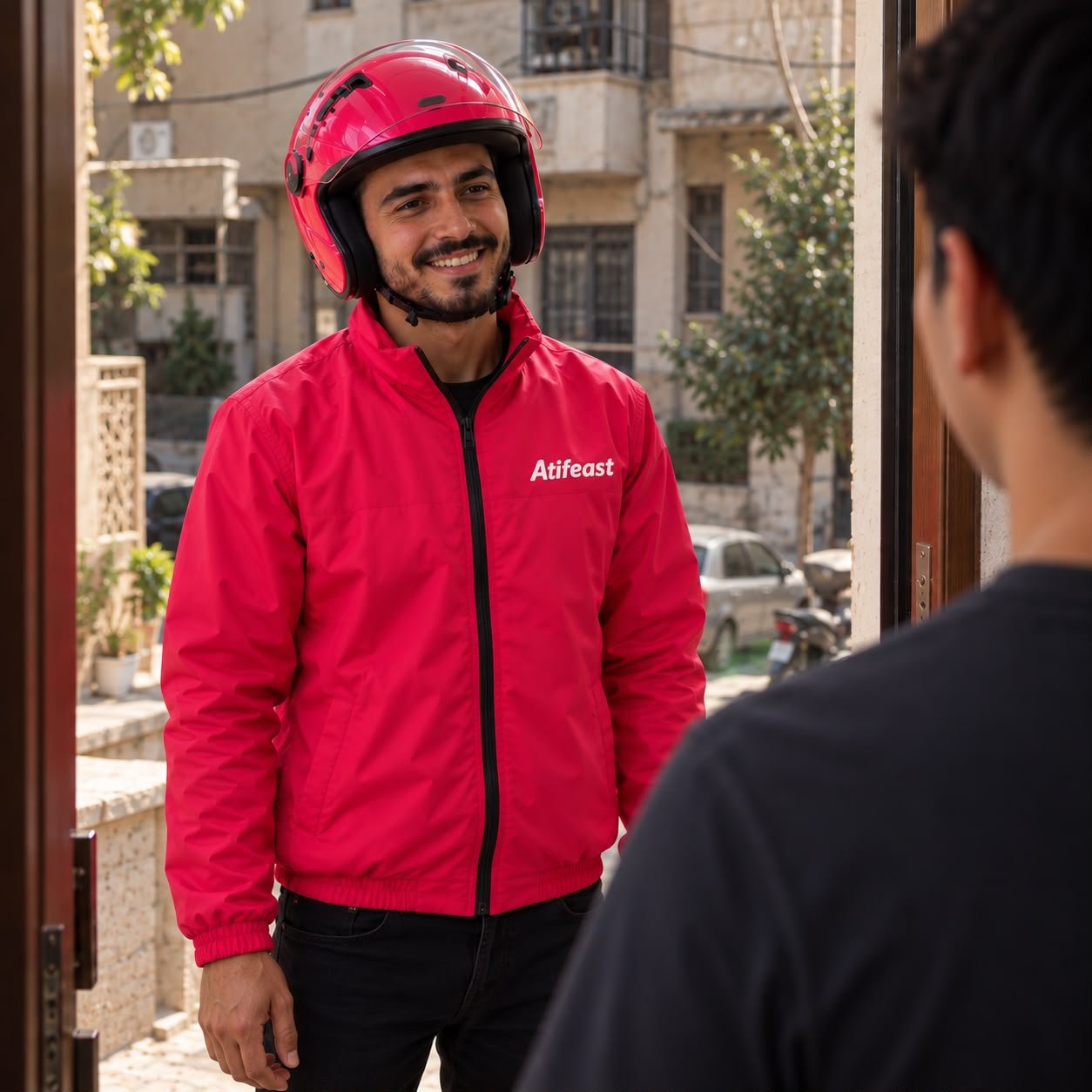 Smiling Atifeast captain at a customer's door