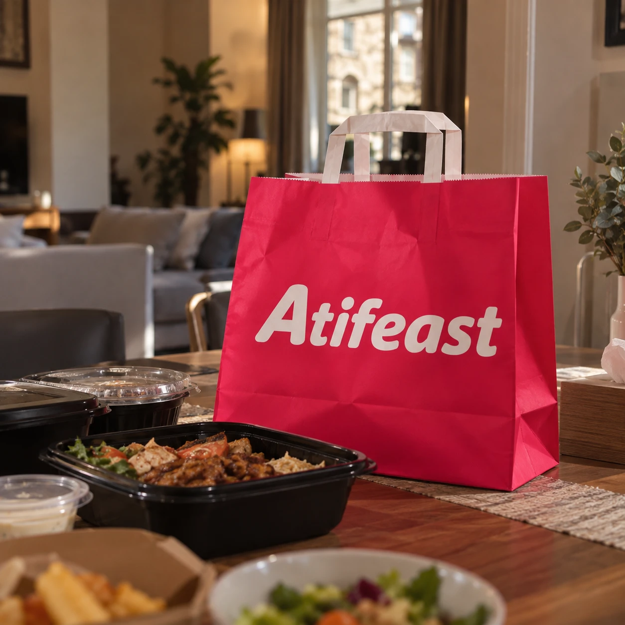 Atifeast delivery bag on a table with food